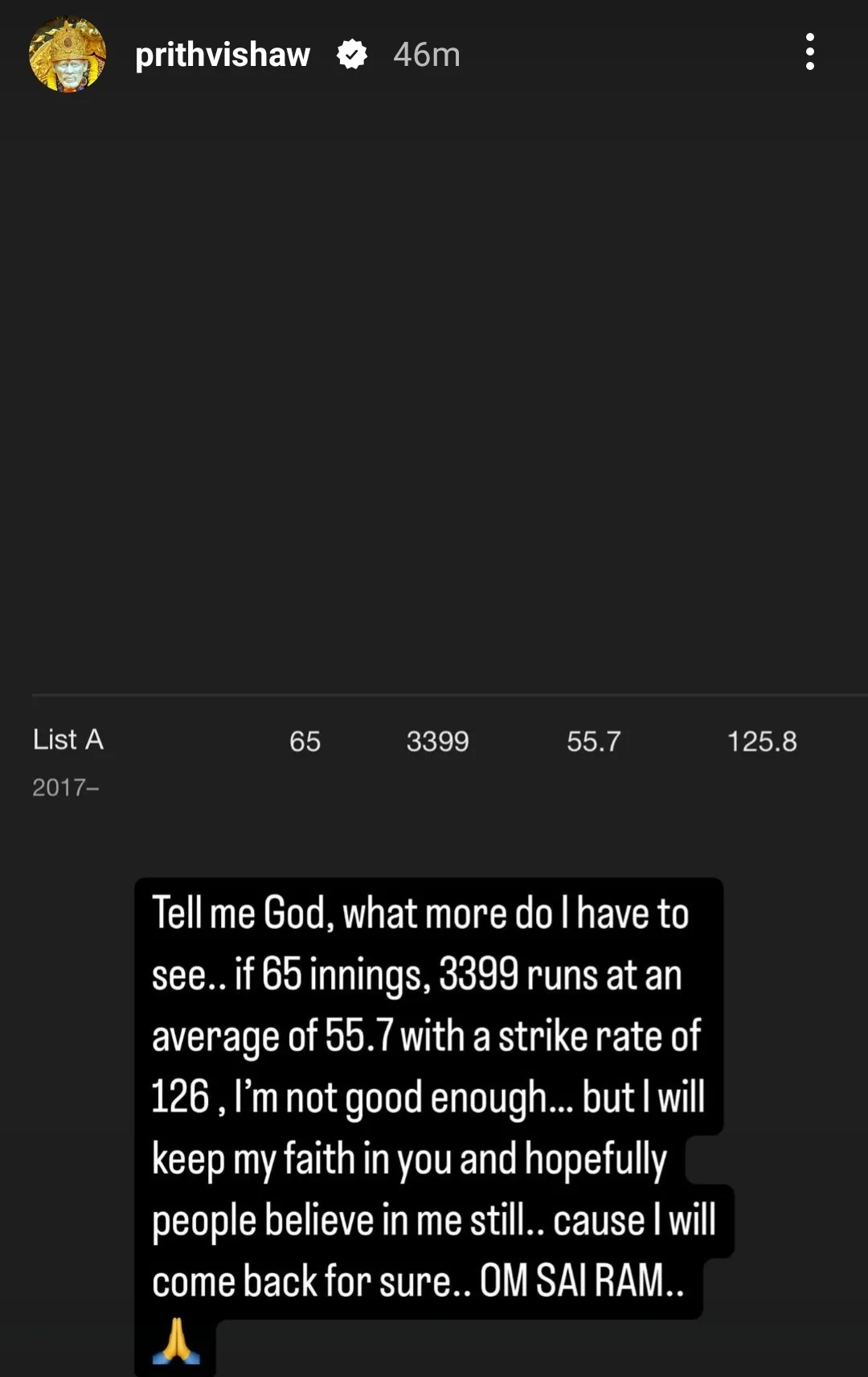 Prithvi Shaw Insta Story