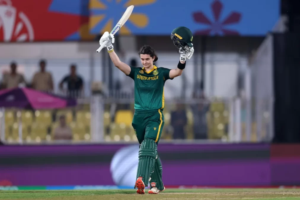 Laura Wolvaardt celebrates her hundred/ICC via Getty Images