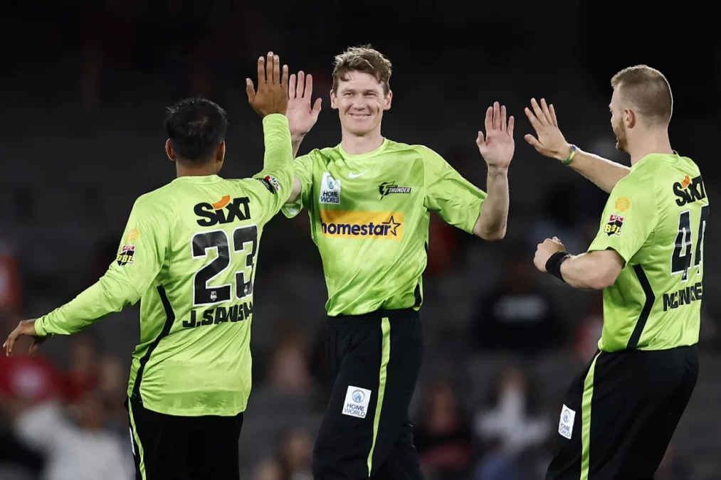 Brendan Doggett is all smiles after dismissing Nic Maddinson, Sydney Thunder vs Melbourne Renegades, BBL, Melbourne, December 18, 2022