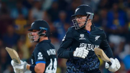 Mitchell Santner and Cole McConchie batting during SL vs NZ Super 8 match T20 World Cup 2026