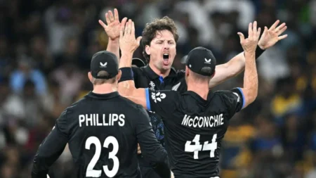 New Zealand players celebrating after defeating Sri Lanka in SL vs NZ Super 8 match T20 World Cup 2026