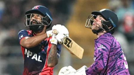 Dipendra Singh Airee playing an aggressive shot during his match-winning fifty for Nepal against Scotland.