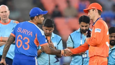 India captain Suryakumar Yadav and Netherlands captain Scott Edwards at the toss during T20 World Cup 2026 match in Ahmedabad.