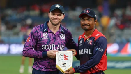 Nepal captain Rohit Paudel at the toss before the T20 World Cup 2026 match against Scotland at Wankhede Stadium.
