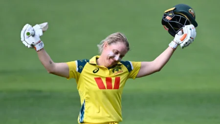 Alyssa Healy celebrates after scoring 158 runs in her final international match vs India Women ODI 2026