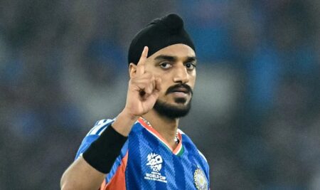 Arshdeep Singh during India vs New Zealand T20 World Cup 2026 final in Ahmedabad