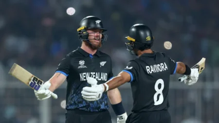 Finn Allen celebrating his century with Rachin Ravindra during T20 World Cup 2026 semifinal