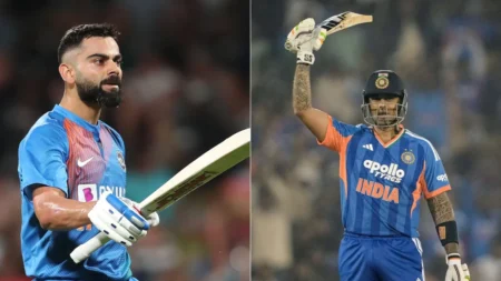 Indian batters Virat Kohli and Suryakumar Yadav celebrating during a T20I match against New Zealand