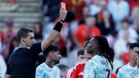 Rafael Leao receives a red card during Portugal vs Chile match